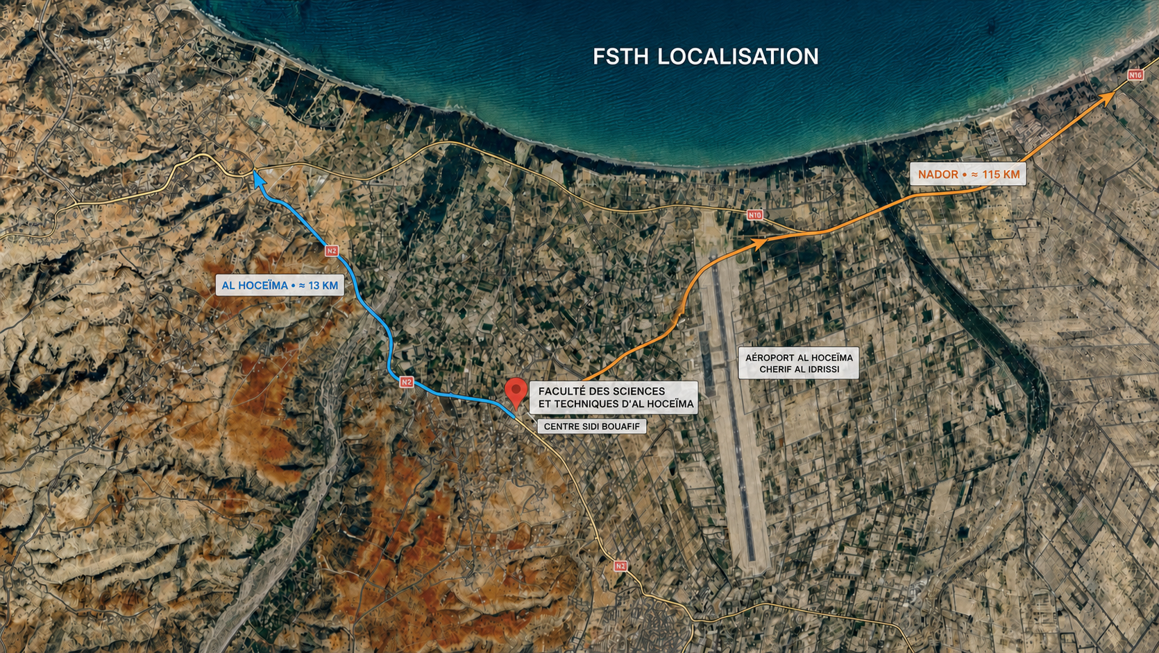 Carte illustrée de la FSTH à Aït Youssef Ou Ali, située à environ 13 km d’Al Hoceïma et 5 km d’Imzouren